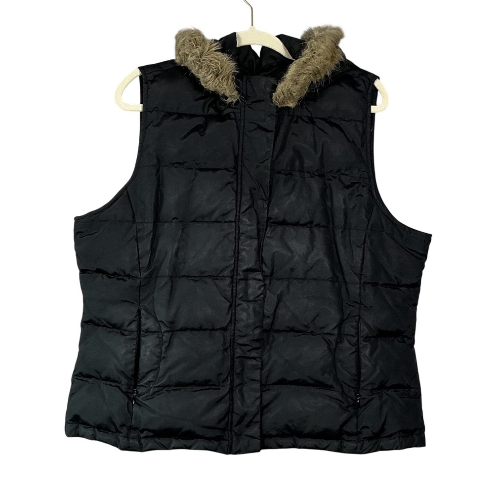 Talbots Womens XL Black Down Puffer Vest Faux Fur Trim Hooded Quilted Full Zip
